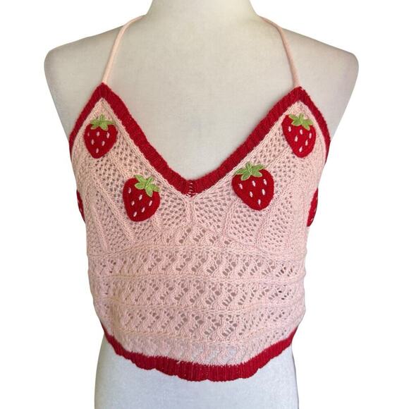 ROMWE Tops - Romwe Sweetness Crochet Strawberry Halter Top 2XL Boho Hippie Festival Whimsical